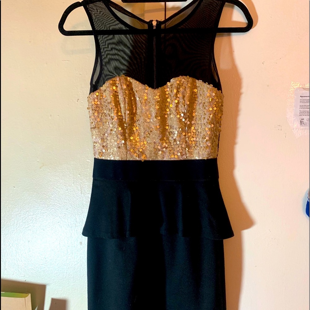 Gold sequined and mesh black mini dress